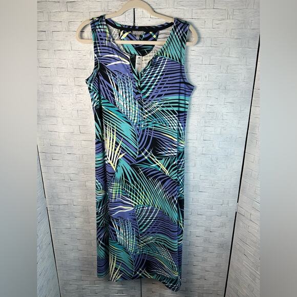 Talbots women's tropical sleeveless midi dress blue Green pockets costal grandma - Picture 2 of 15